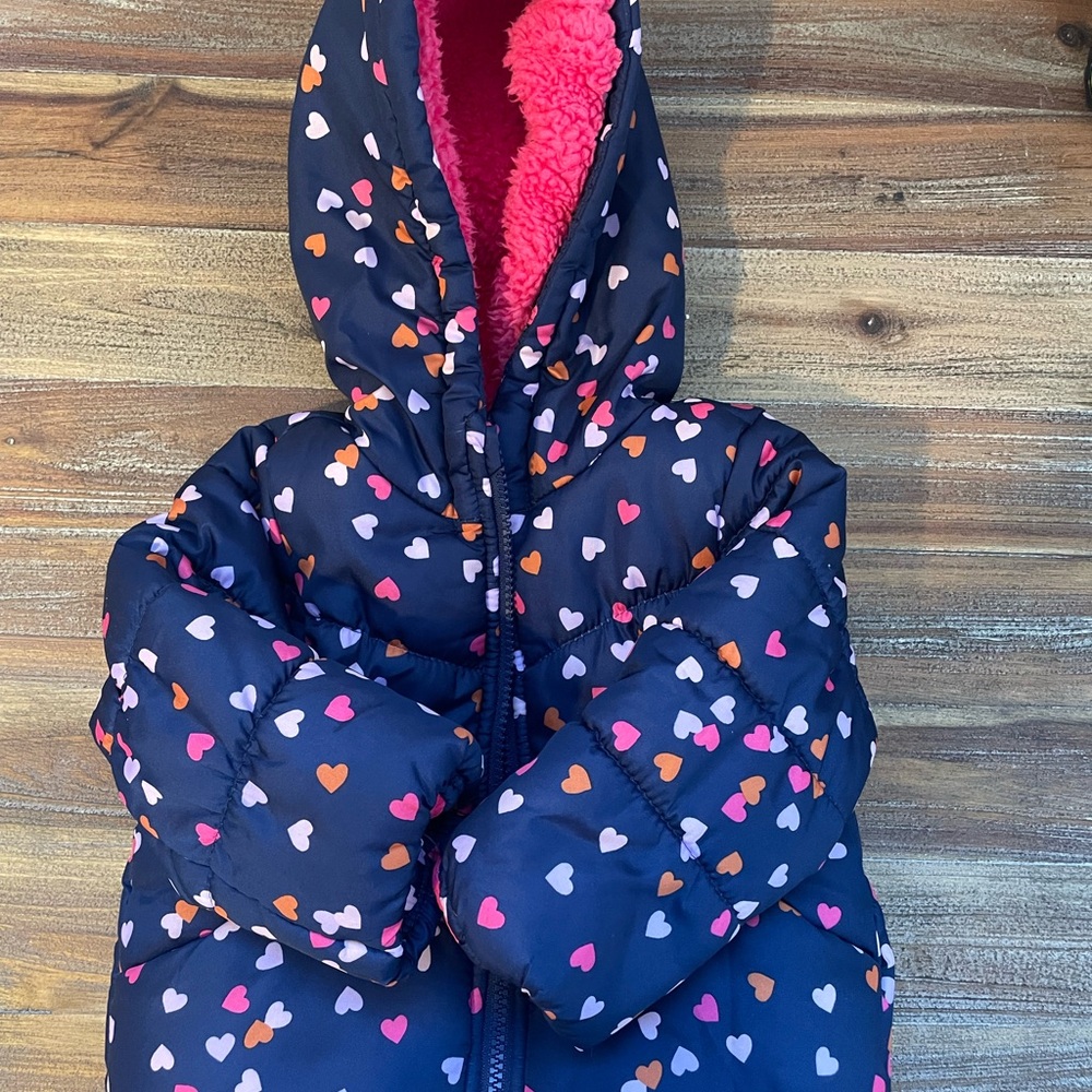 Little Girl Carter's Heart Print Jacket and pink snow pants -12months
